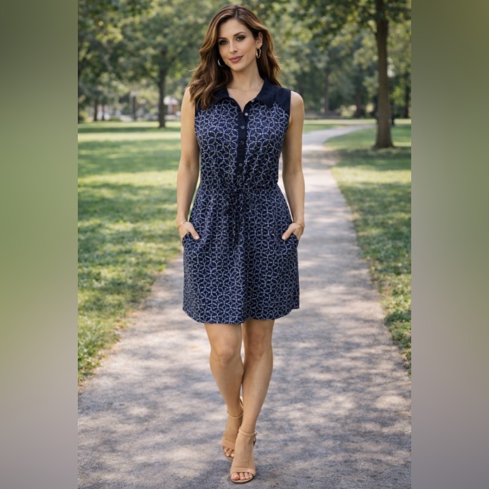T by Talbots Casual Dress PL Petite Large Blue Pullover Stretch Pockets Washable